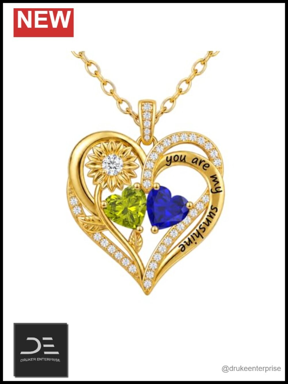 14K Gold Plated Double Heart Birthstone Pendant Necklace